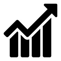 Black icon of a bar chart with an upward arrow on a white background